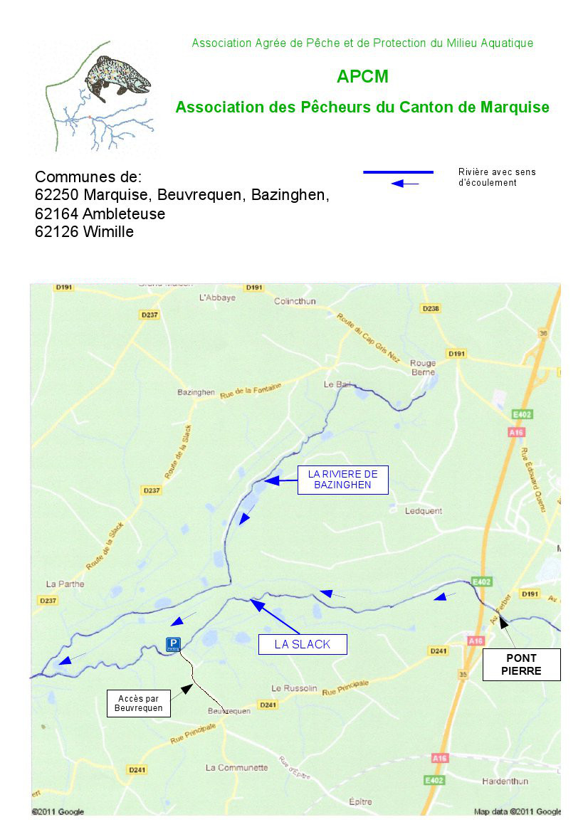 Carte imprimable de la Slack et de la rivire de Bazinghen en aval de Marquise au niveau du marais. Pour l'imprimer, faite un clic droit sur l'image puis Imprimer l'image